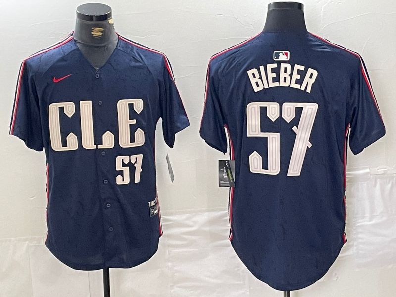 Men Cleveland Indians 57 Bieber Blue City Edition Nike 2024 MLB Jersey style 4